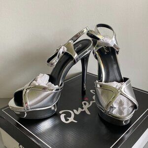Qupid Avalon Shiny Silver Open Toe 5" Heels Sz 7.5 New​​​​​